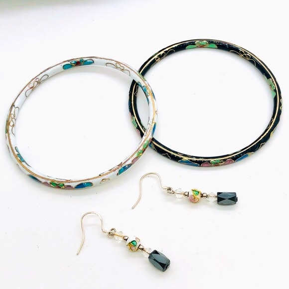 Vintage Cloisonné 925 Earrings & Bangle Bracelet Stack - Picture 6 of 11